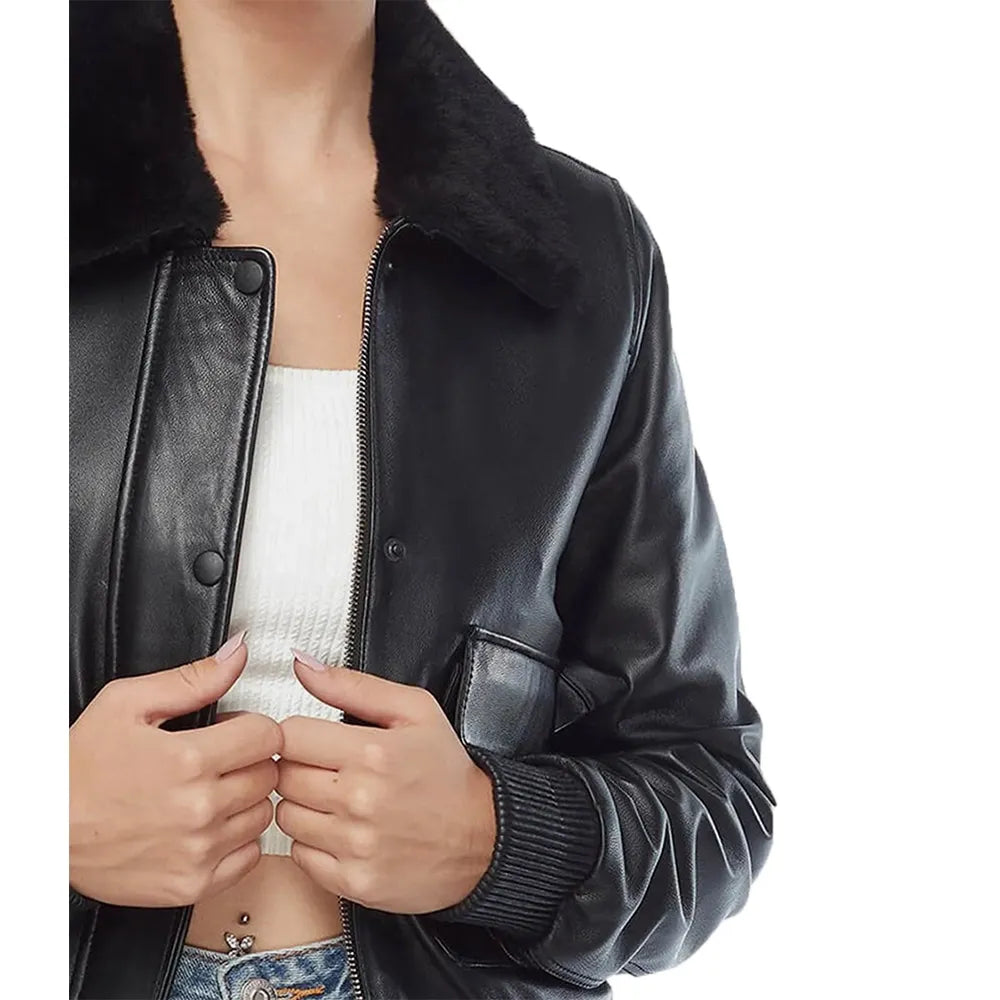 Women's Black Fur Collar Leather Bomber Jacket