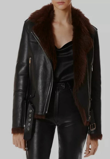 Schwarze Lammfell-Lederjacke für Damen mit Pelzkragen
