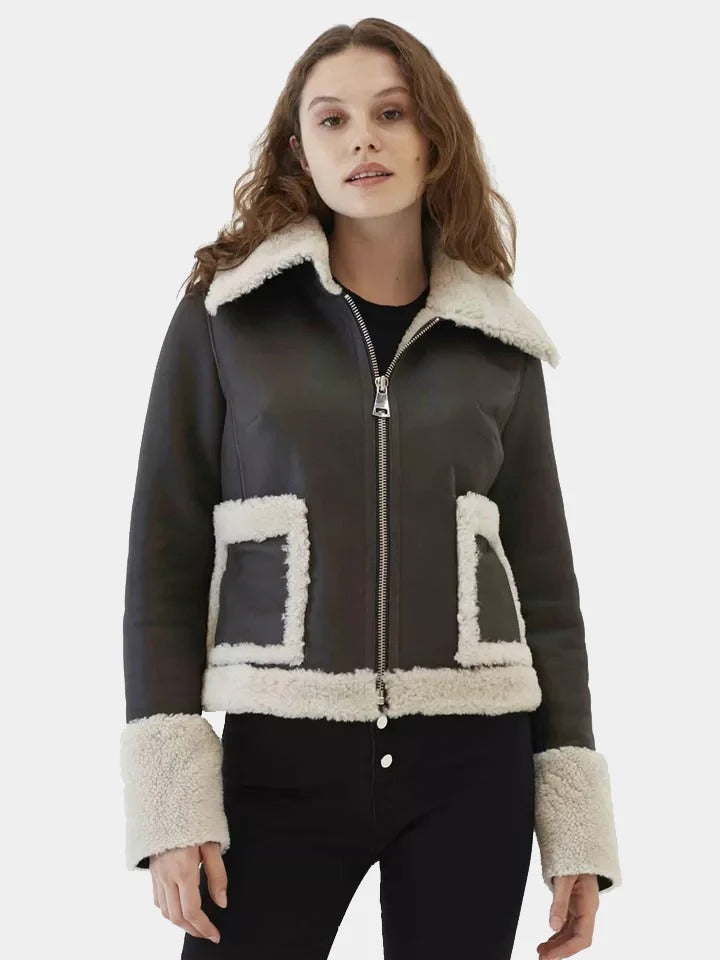 Women's Black Fur Collar Shearling Leather Jacket