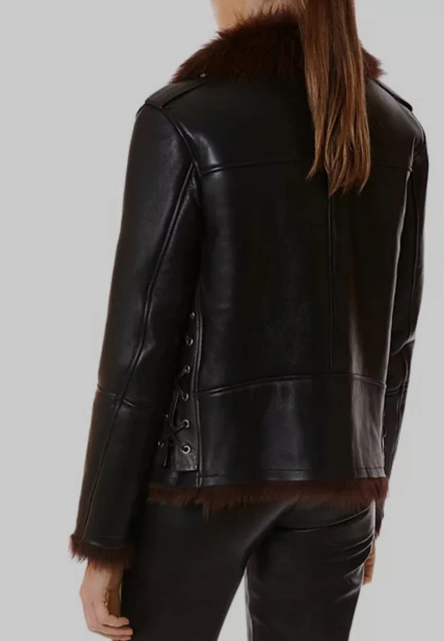 Women’s Black Fur Collar Shearling Leather Jacket