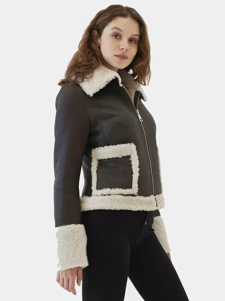 Women's Black Fur Collar Shearling Leather Jacket