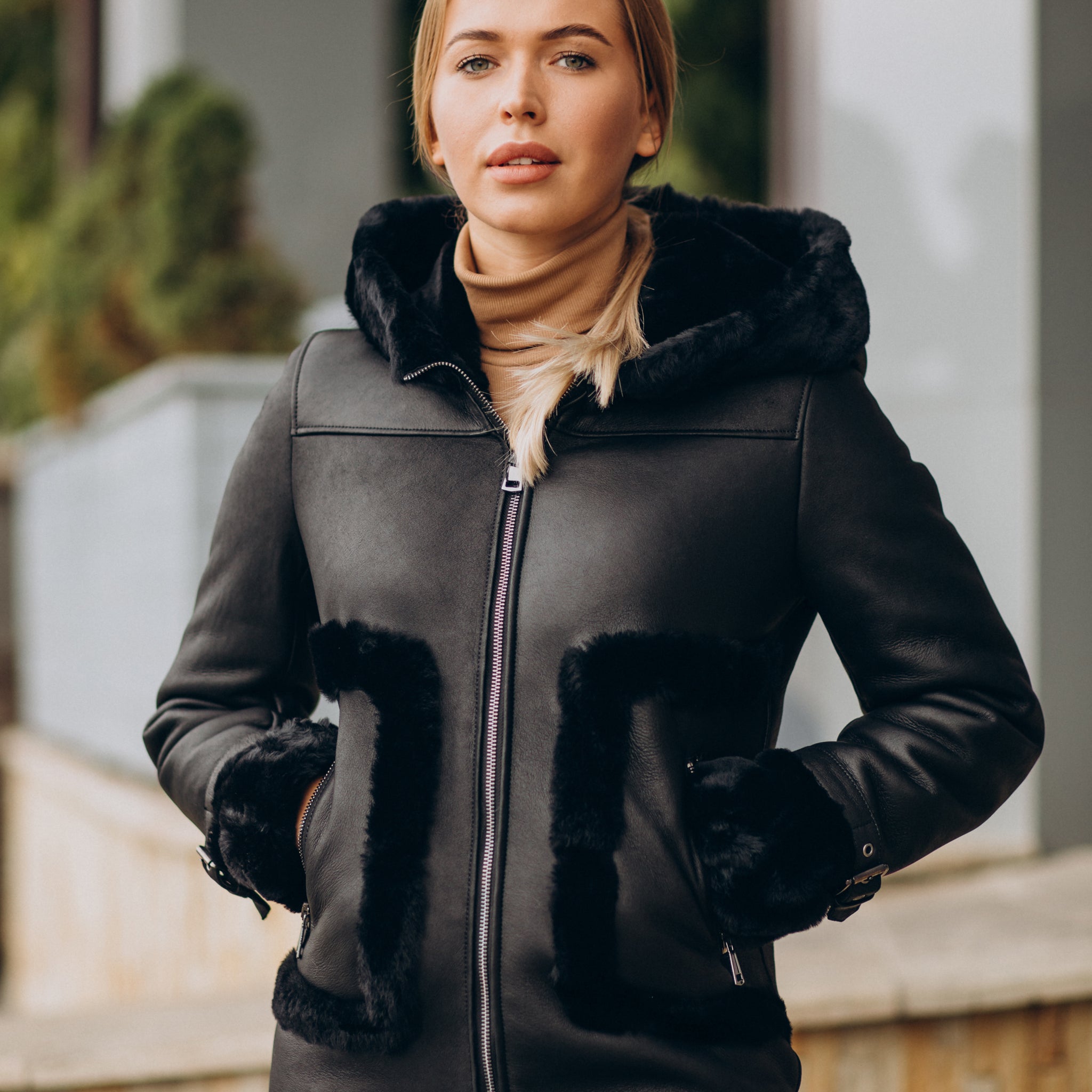Women’s Black Fur on Pockets Shearling Leather Jacket