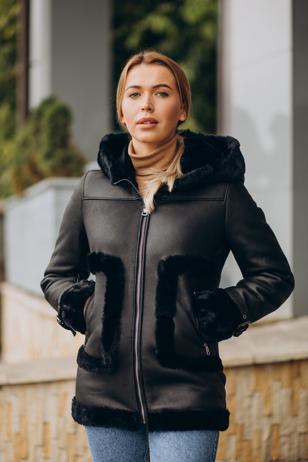Women’s Black Fur on Pockets Shearling Leather Jacket