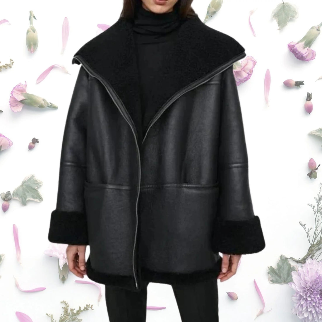 Women's Black Genuine  Lambskin Leather Shearling Coat