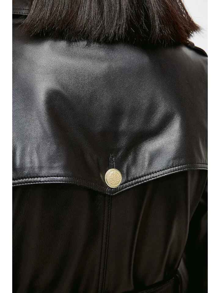 Women’s Black Golden Button Downed Closure Sheepskin Leather Trench Coat