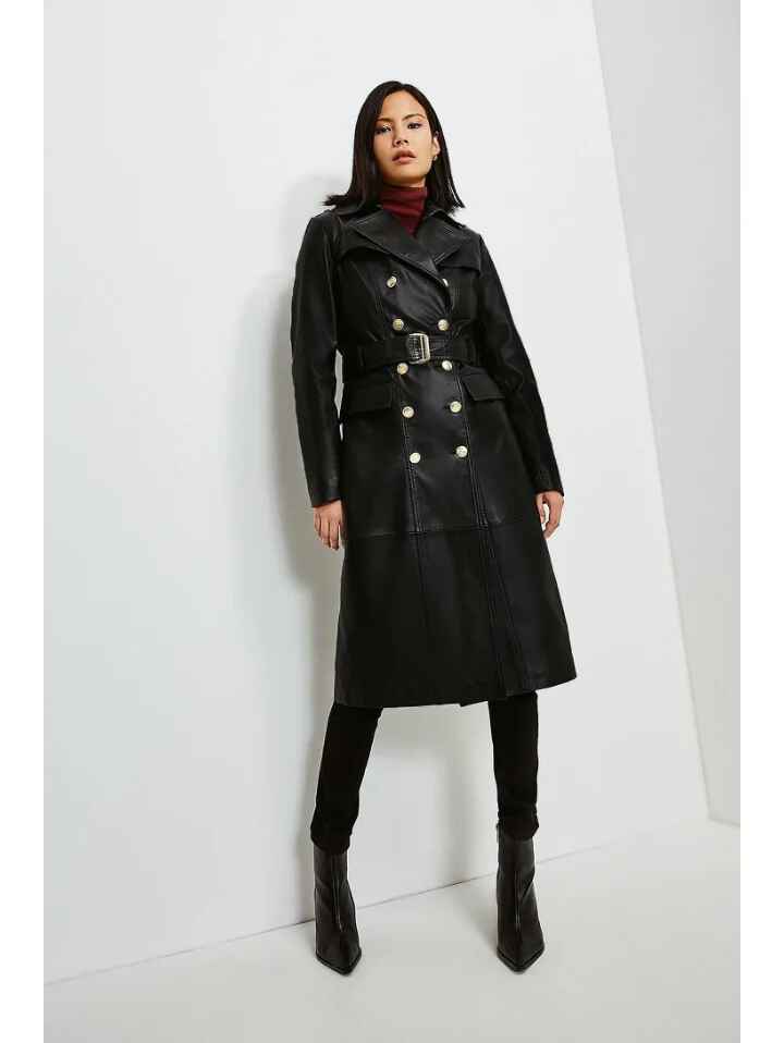 Women’s Black Golden Button Downed Closure Sheepskin Leather Trench Coat