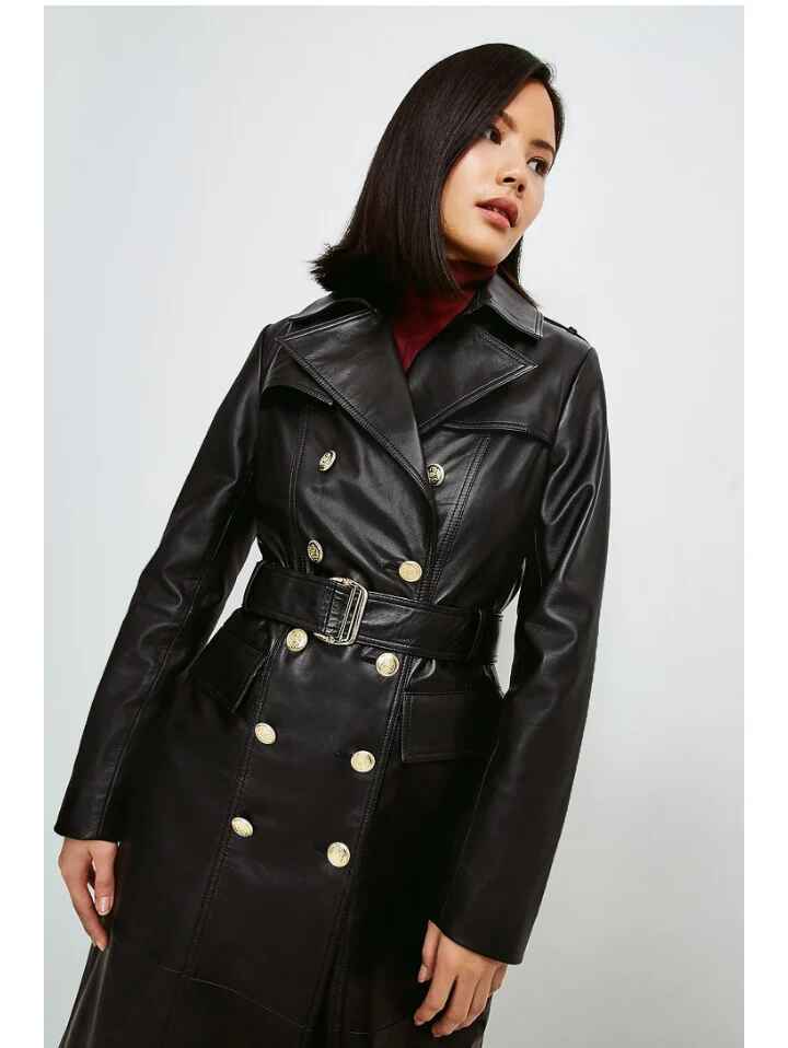 Women’s Black Golden Button Downed Closure Sheepskin Leather Trench Coat