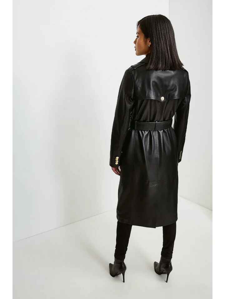 Women’s Black Golden Button Downed Closure Sheepskin Leather Trench Coat