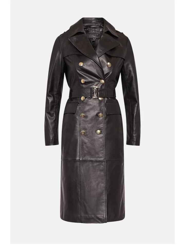 Women’s Black Golden Button Downed Closure Sheepskin Leather Trench Coat