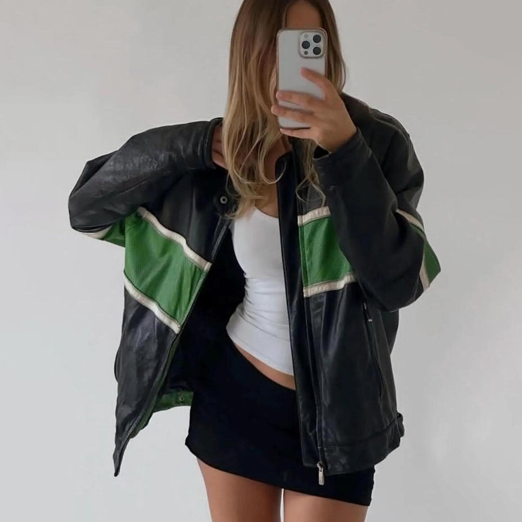 Women's Black Green Stripped Chest And Sleeves Oversized Genuine Leather Jacket