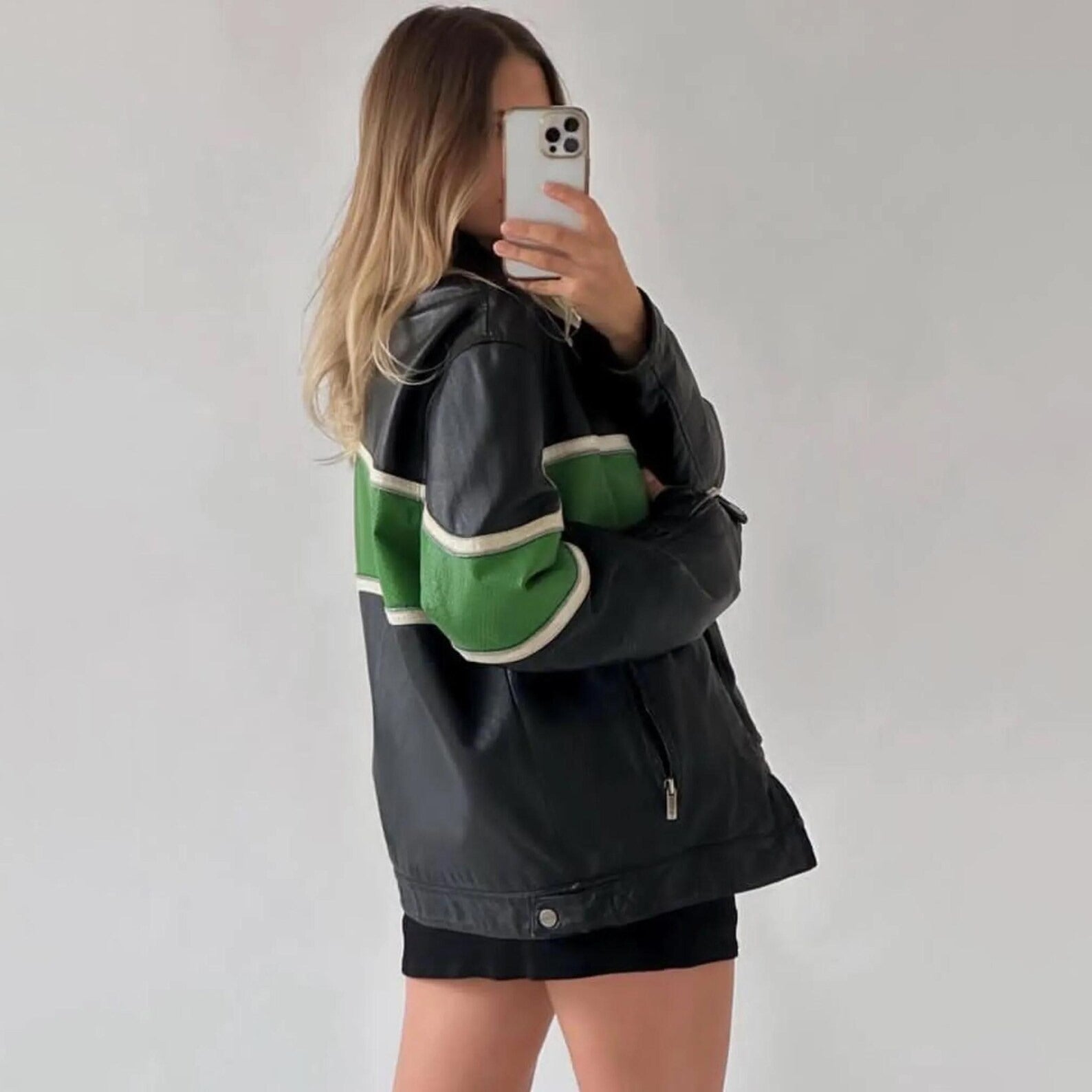 Women's Black Green Stripped Chest And Sleeves Oversized Genuine Leather Jacket