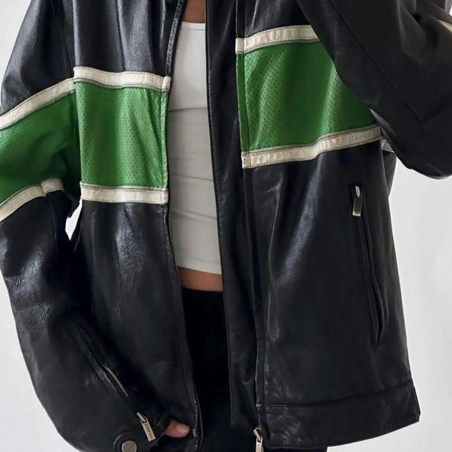 Women's Black Green Stripped Chest And Sleeves Oversized Genuine Leather Jacket