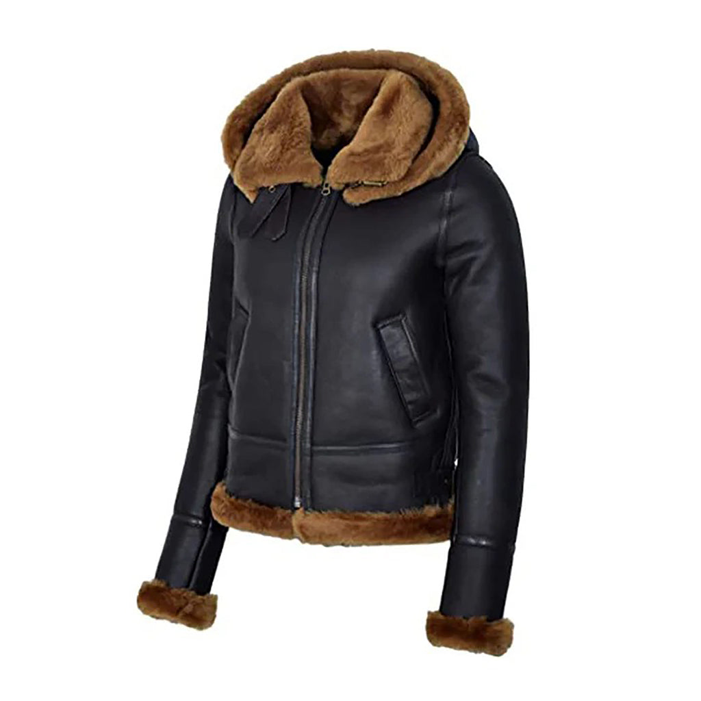Women's Black Hooded B3  Flying Shearling Leather Jacket