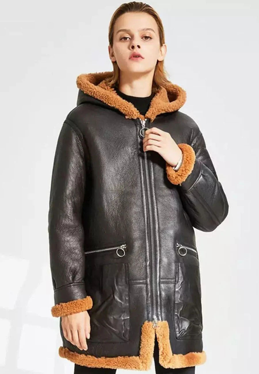 Women’s Black Hooded Leather Orange Shearling Fur Long Coat