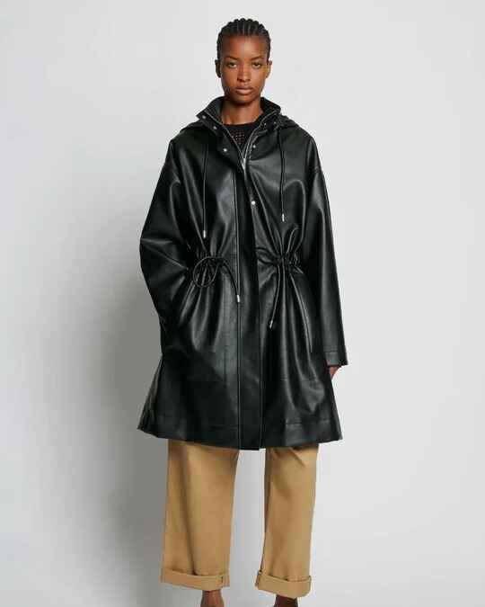 Women's Black Hooded Leather Trench Duster Coat