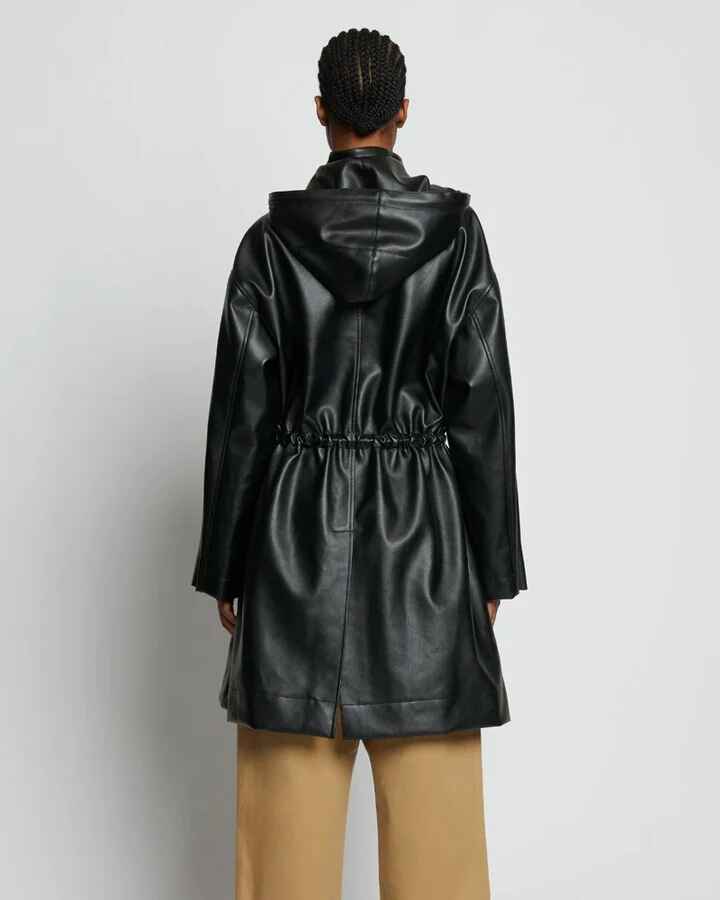 Women's Black Hooded Leather Trench Duster Coat