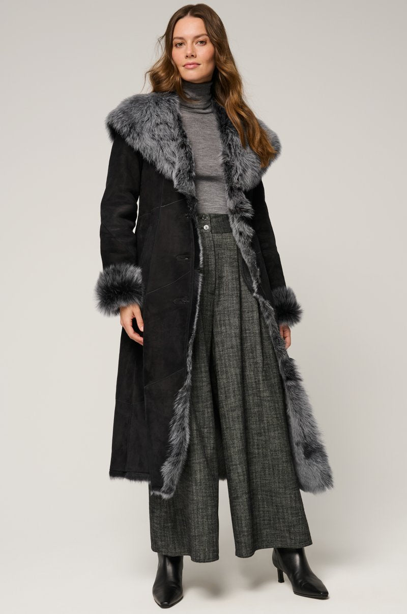 Women's Black Hooded Toscana Fur & Shearling Leather Coat