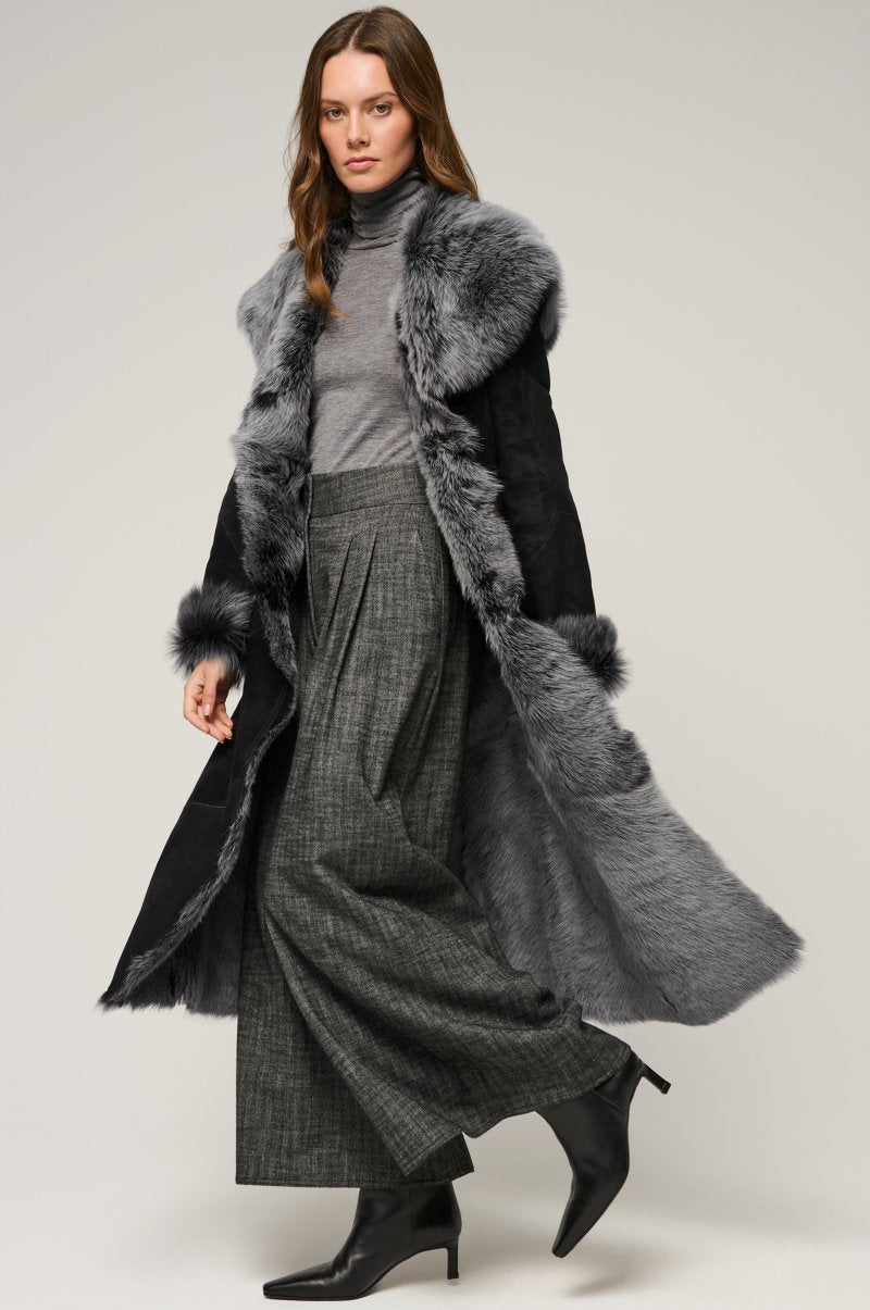 Women's Black Hooded Toscana Fur & Shearling Leather Coat