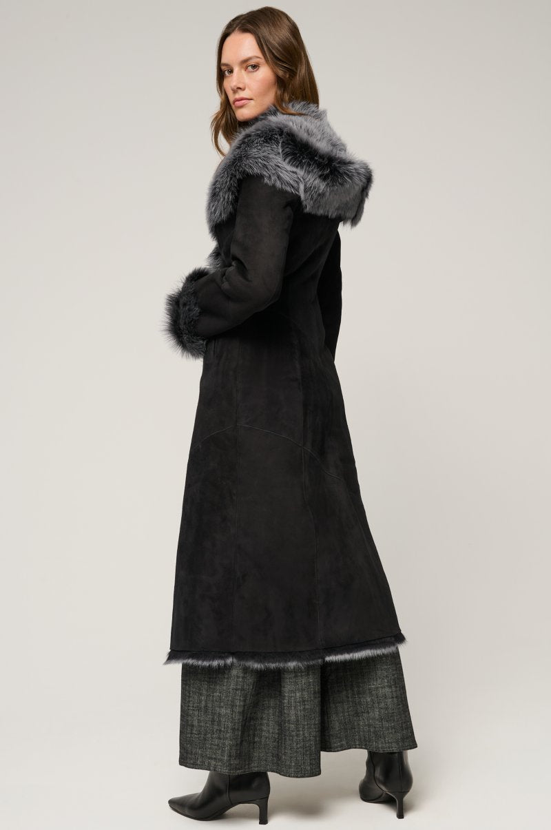 Women's Black Hooded Toscana Fur & Shearling Leather Coat