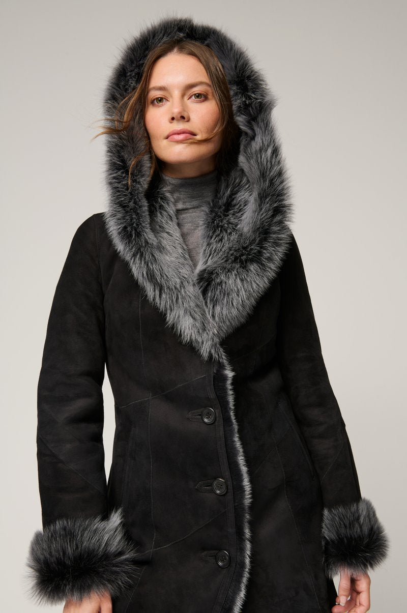 Women's Black Hooded Toscana Fur & Shearling Leather Coat