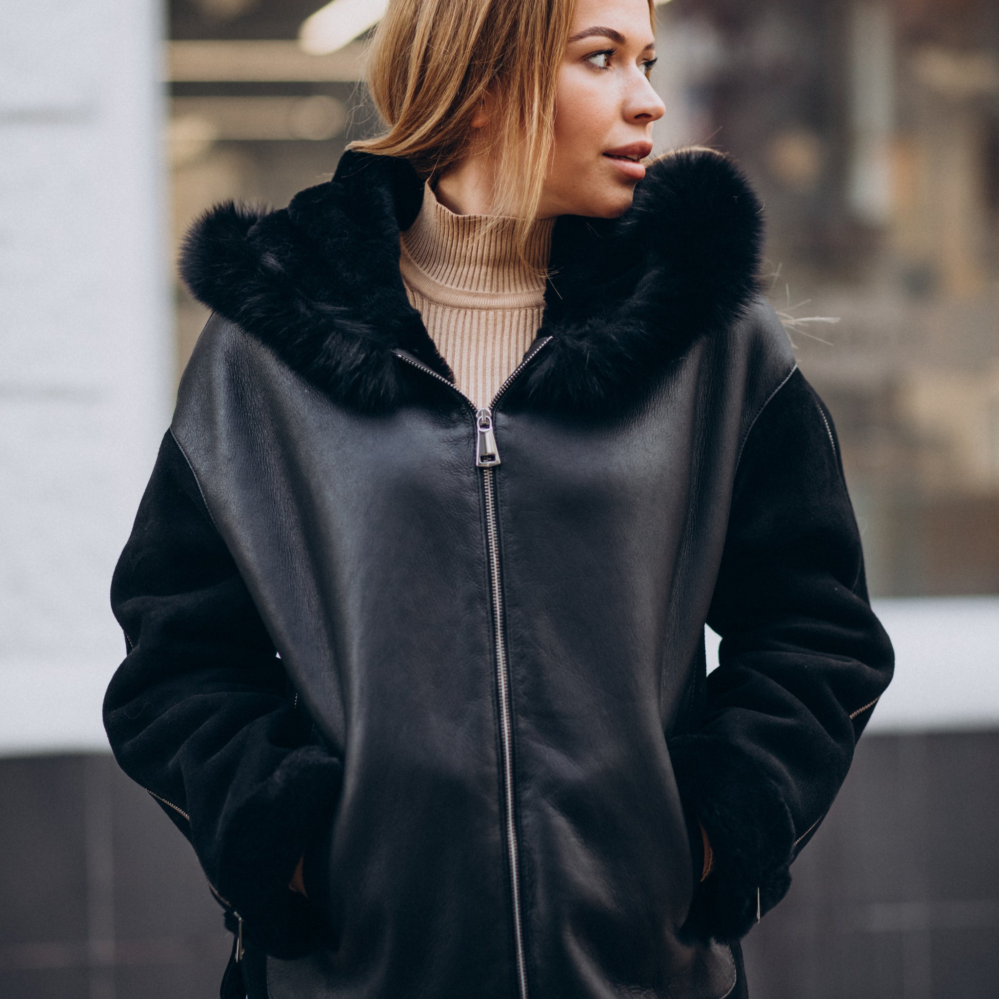 Women’s Black Hooded with Black Fur Shearling Leather Jacket