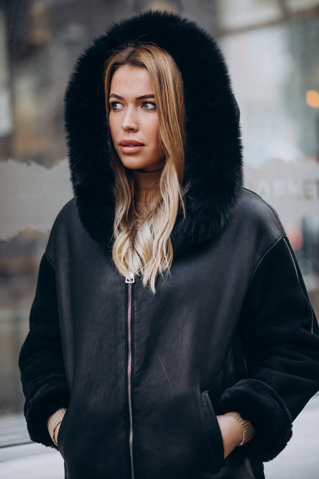 Women’s Black Hooded with Black Fur Shearling Leather Jacket