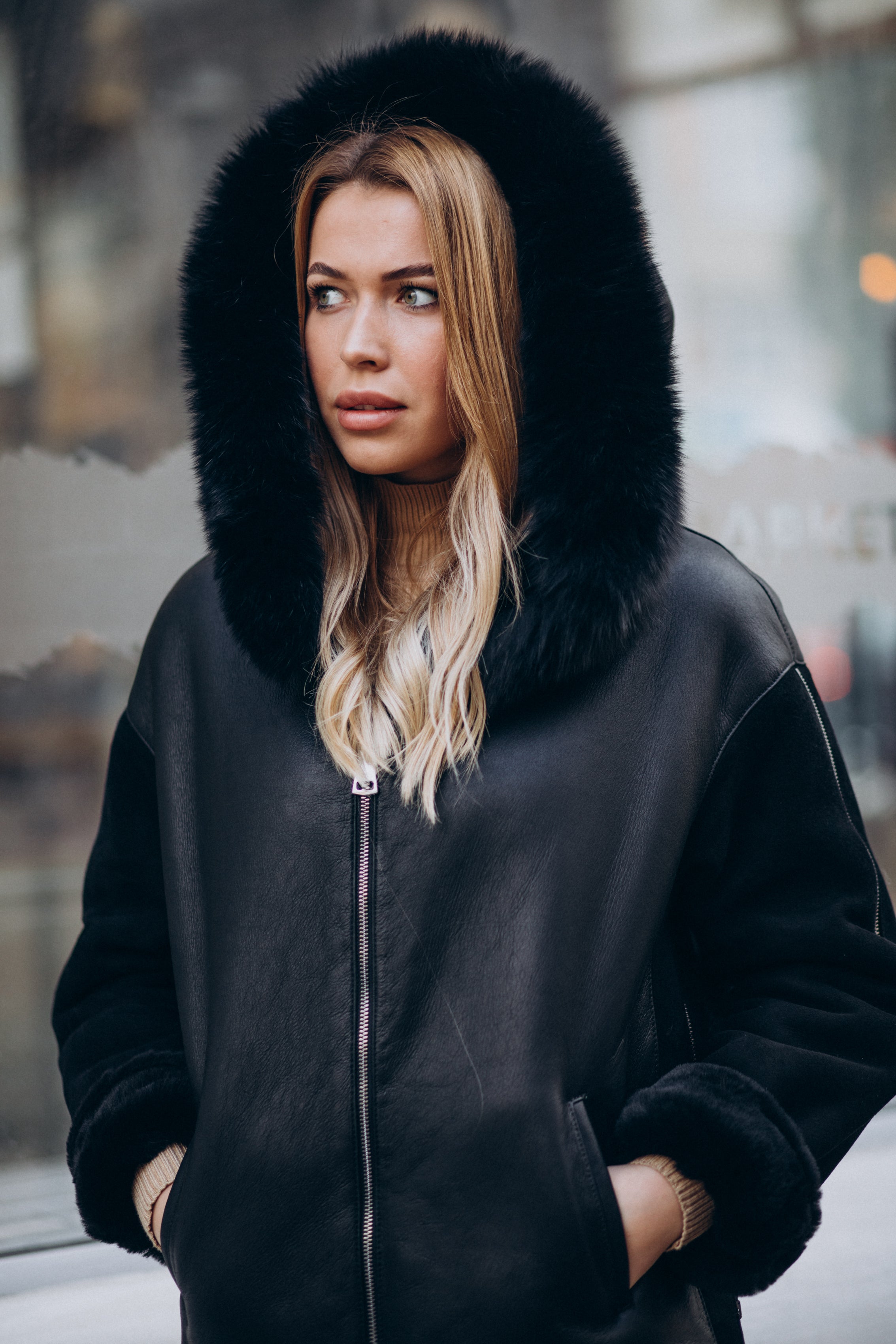 Women’s Black Hooded with Black Fur Shearling Leather Jacket