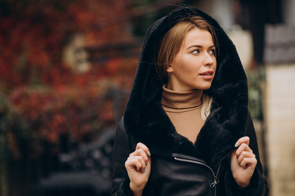 Women’s Black Hooded with Black Fur & Shearling Leather Jacket