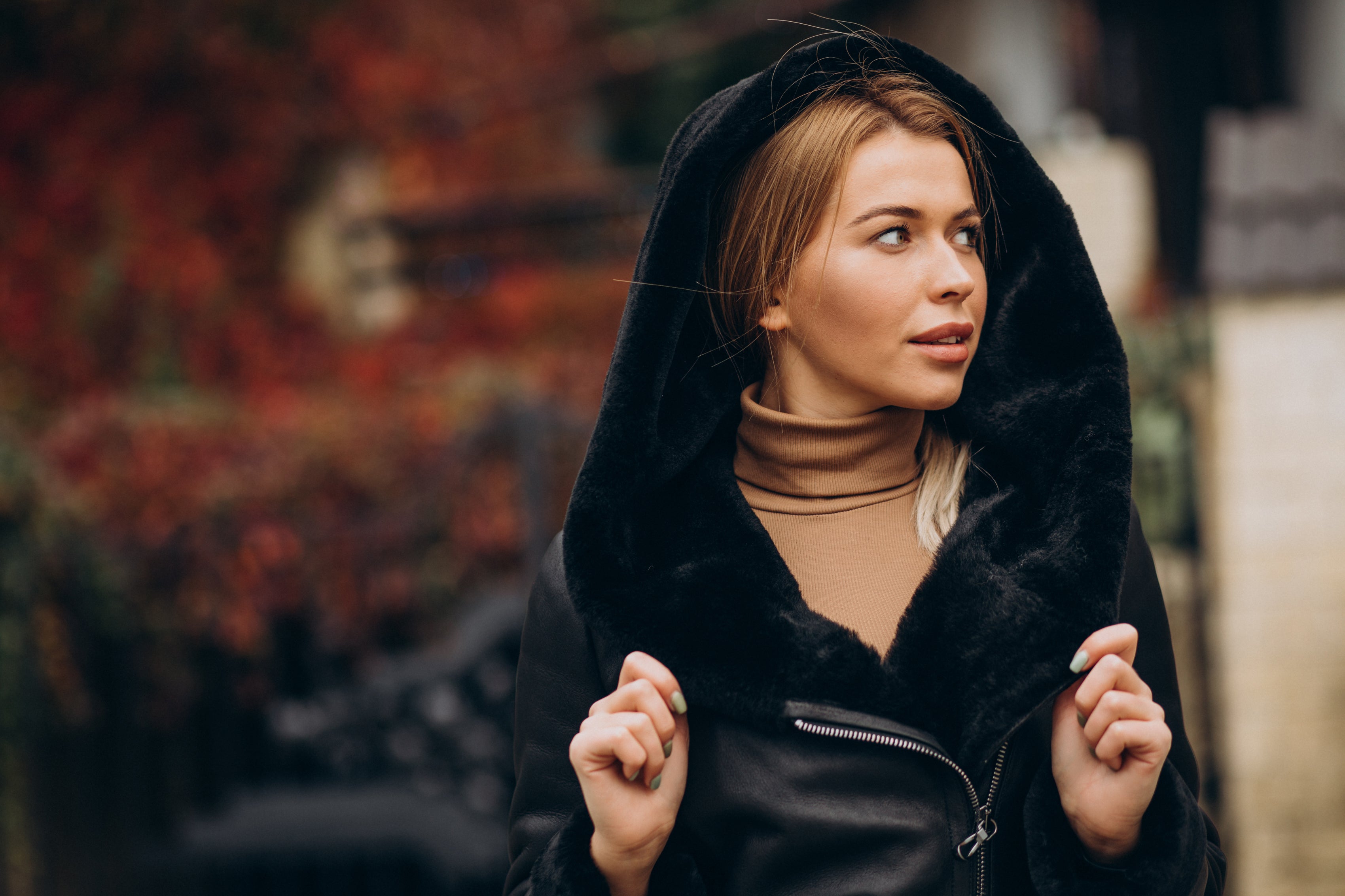 Women’s Black Hooded with Black Fur & Shearling Leather Jacket