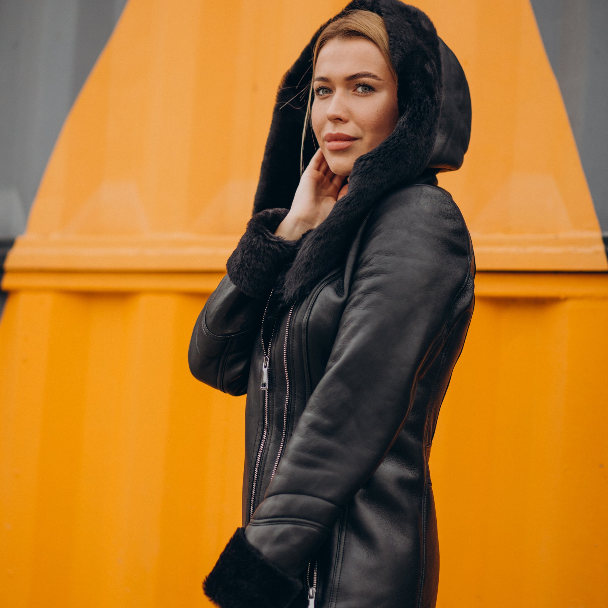 Women’s Black Hooded with Black Fur & Shearling Leather Jacket