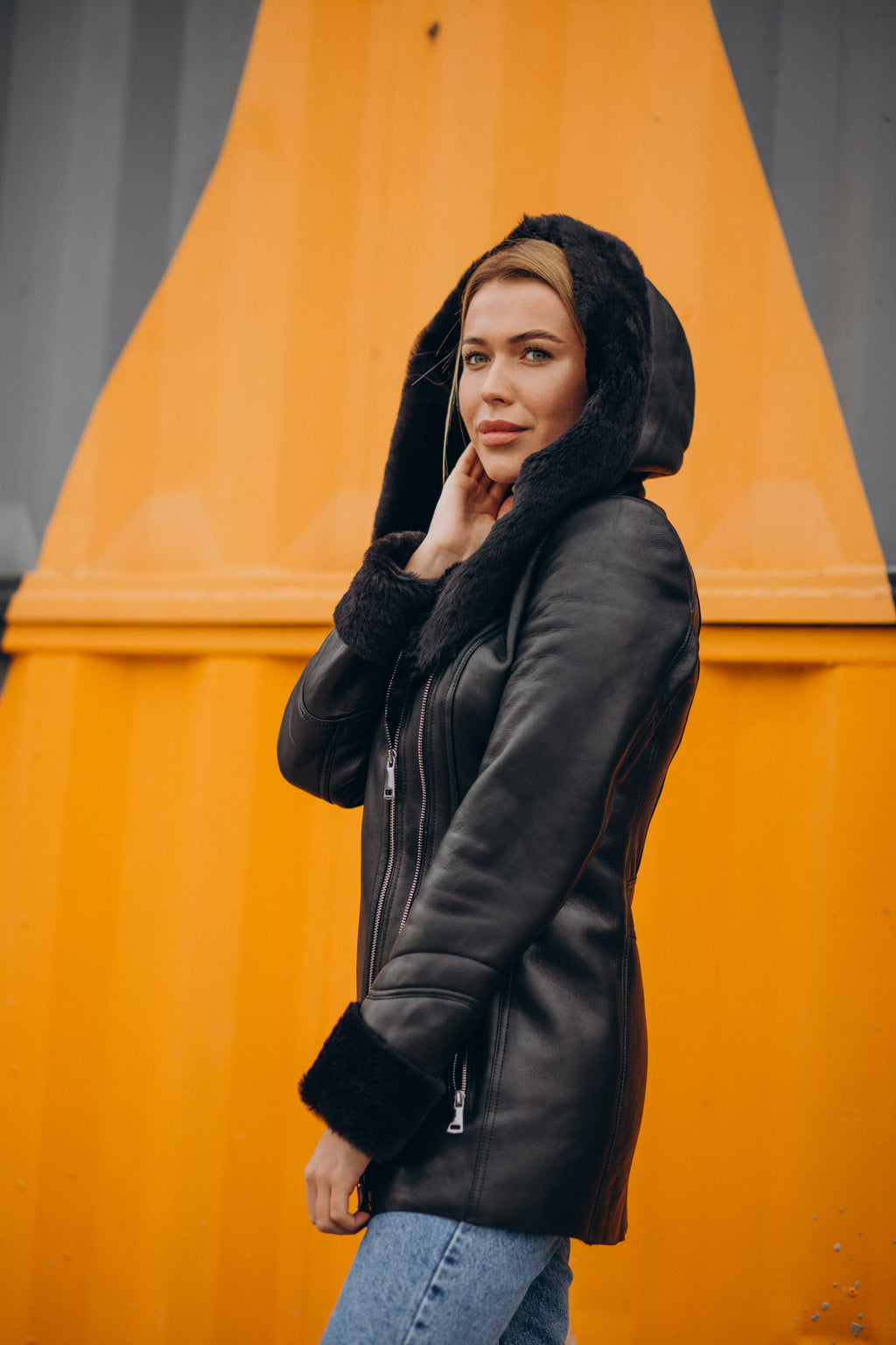 Women’s Black Hooded with Black Fur & Shearling Leather Jacket