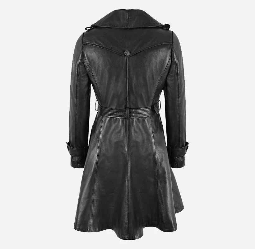 Women's Black LANGFORD  Knee Length Leather Flare Coat