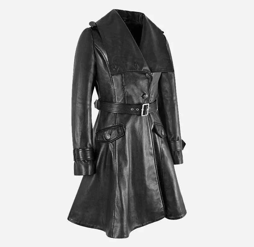 Women's Black LANGFORD  Knee Length Leather Flare Coat