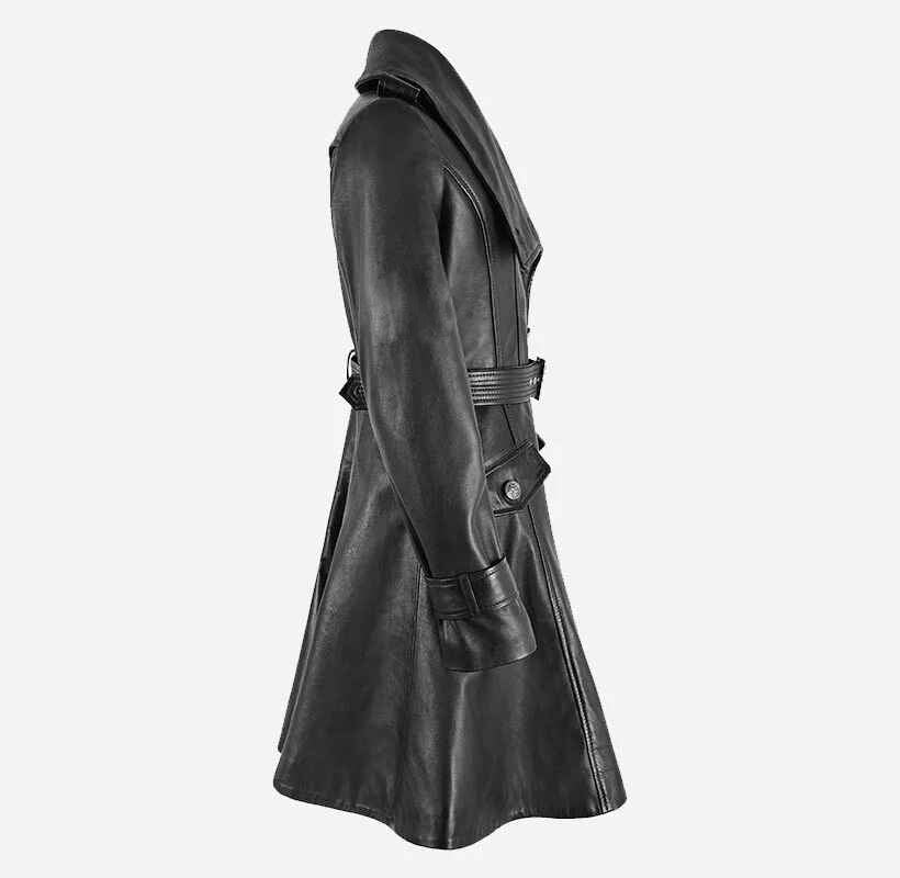 Women's Black LANGFORD  Knee Length Leather Flare Coat