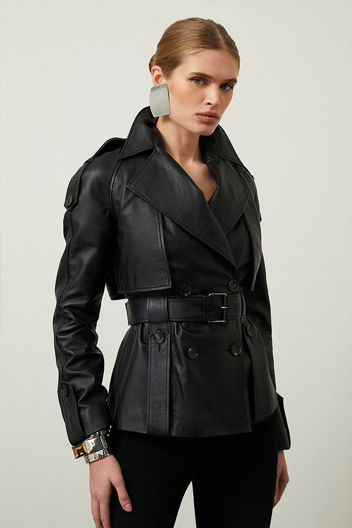 Women's Black Belted Leather Trench Coat