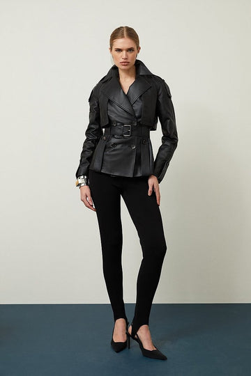 Women's Black Belted Leather Trench Coat