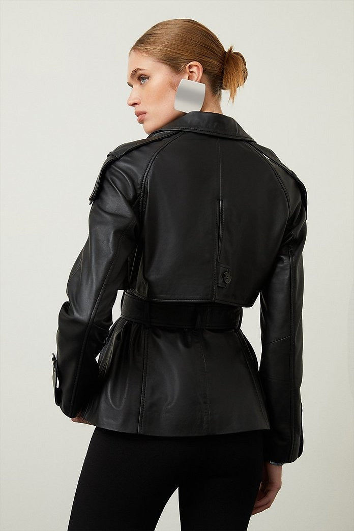 Women's Black Belted Leather Trench Coat