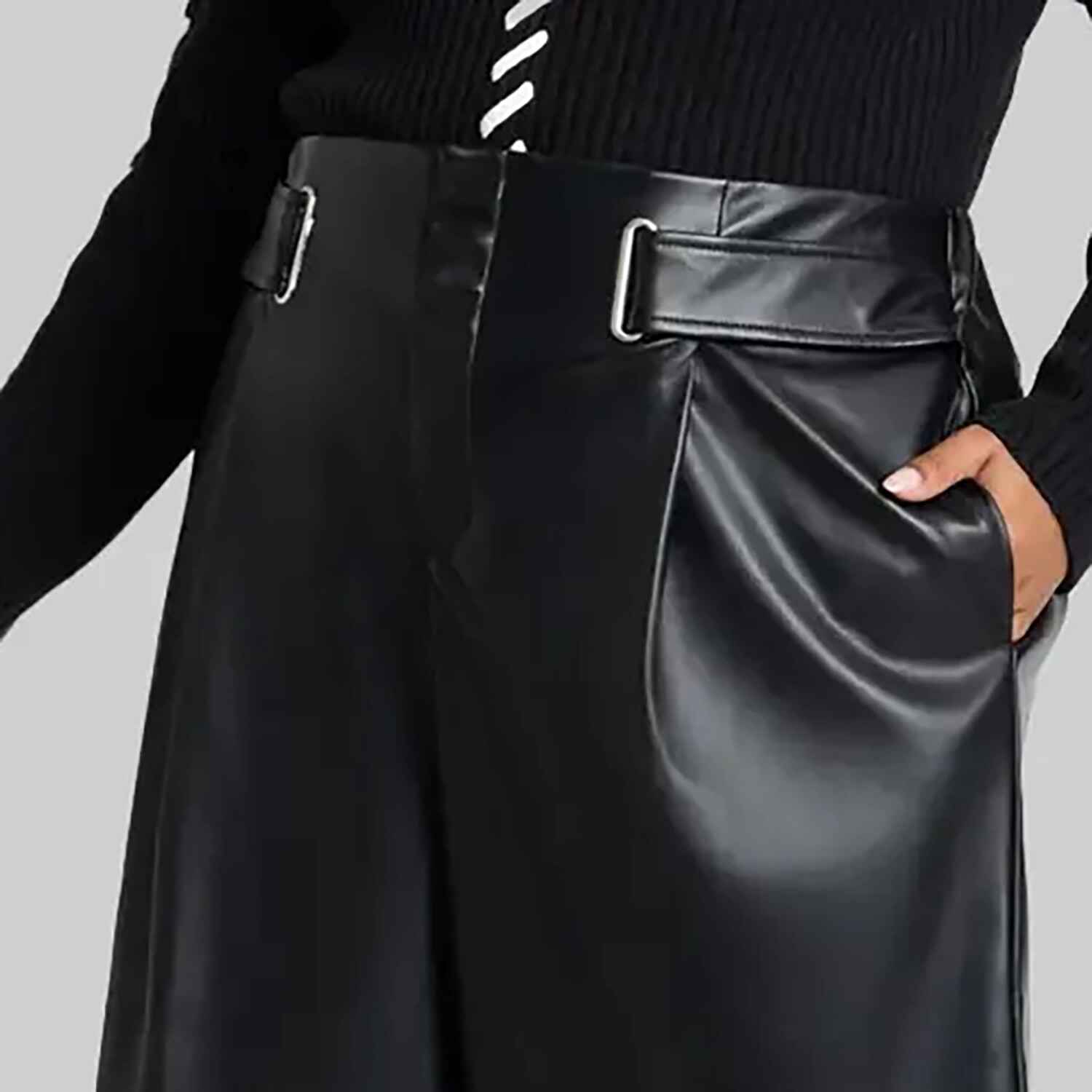 Women’s Black Leather Wide Leg Belted Pant