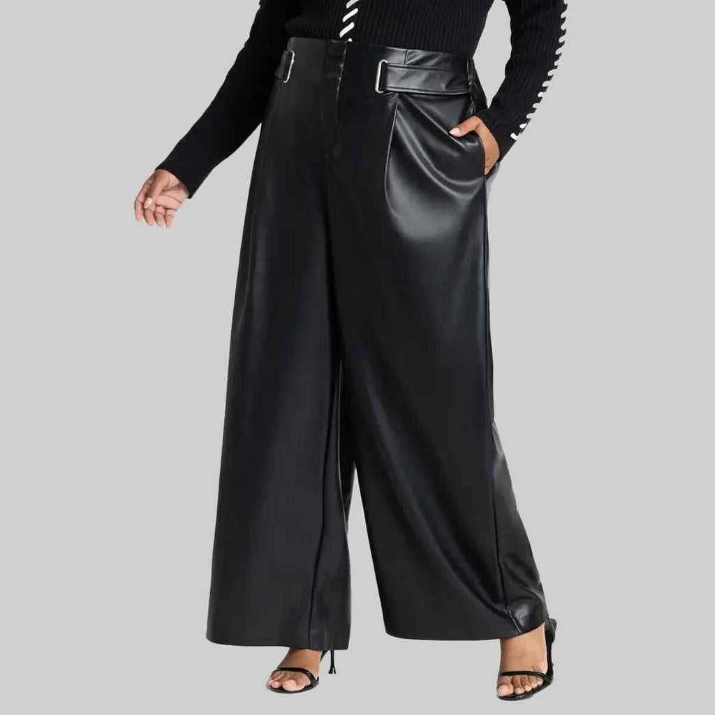 Women’s Black Leather Wide Leg Belted Pant