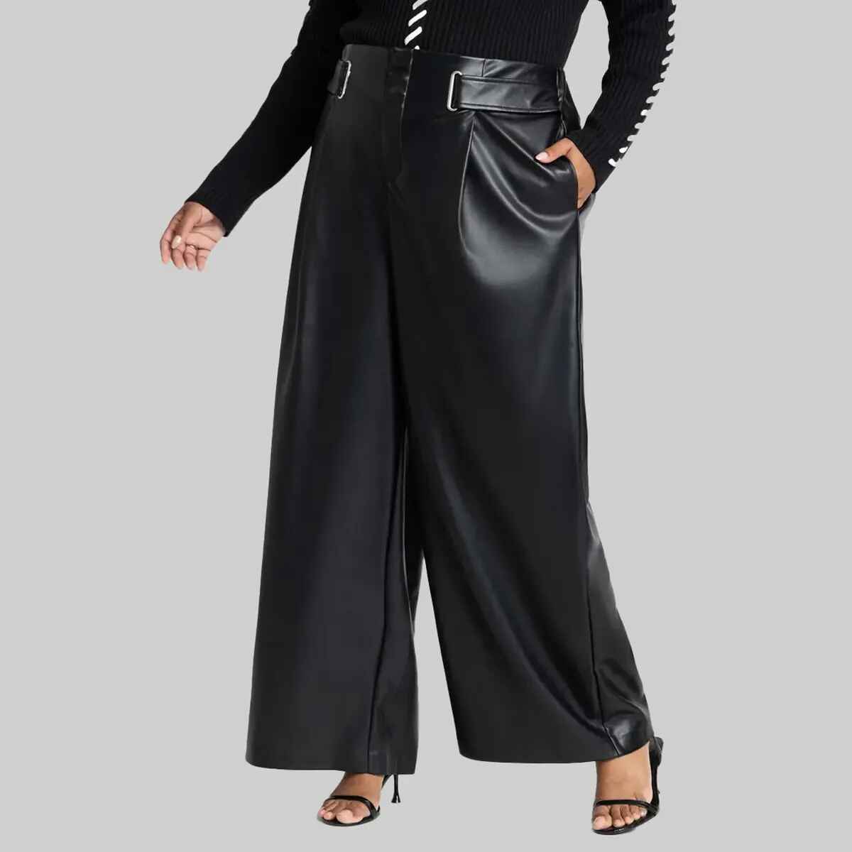 Women’s Black Leather Wide Leg Belted Pant