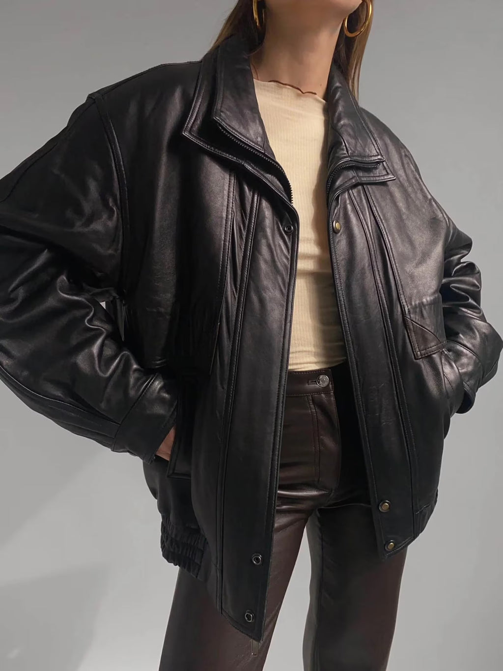 Women's Black Light Weighted Double Collar Oversized Lambskin Soft Leather Jacket