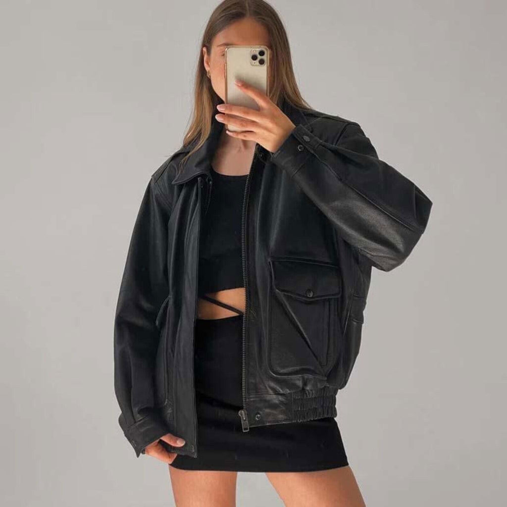 Women's Black Lightweight Double Stitched Oversized Leather Jacket