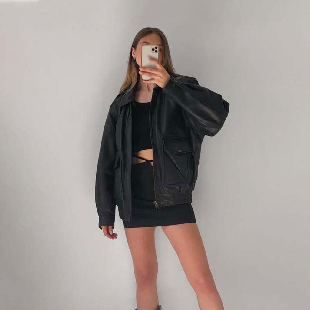 Women's Black Lightweight Double Stitched Oversized Leather Jacket