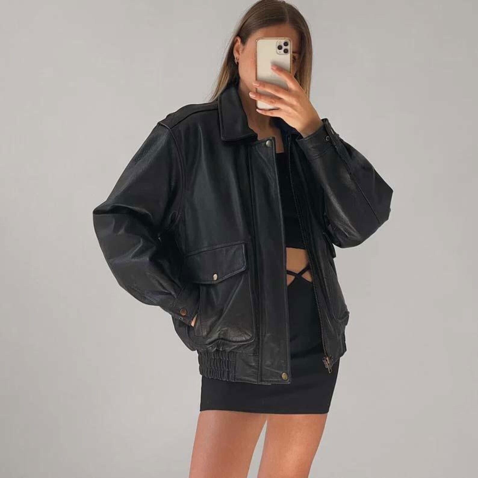 Women's Black Lightweight Double Stitched Oversized Leather Jacket