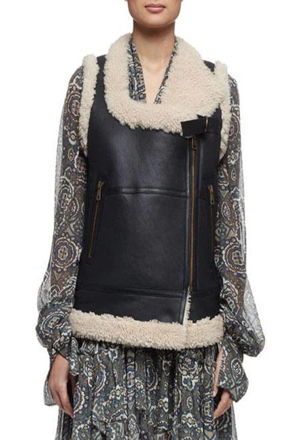 Women’s Black Long Collared Leather Shearling Vest