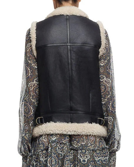 Women’s Black Long Collared Leather Shearling Vest