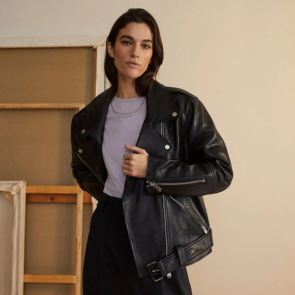 Women's Black Long Sleeves Oversized Lambskin Leather Jacket