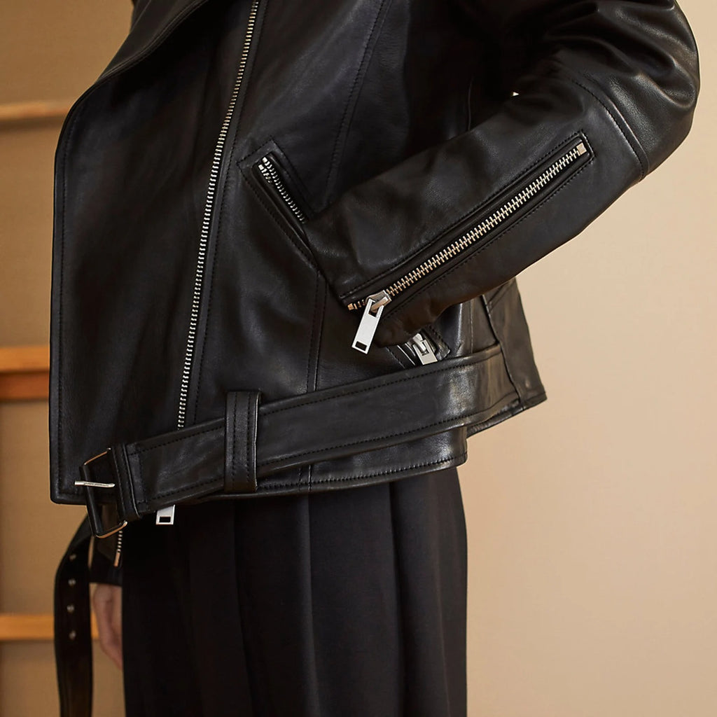 Women's Black Long Sleeves Oversized Lambskin Leather Jacket