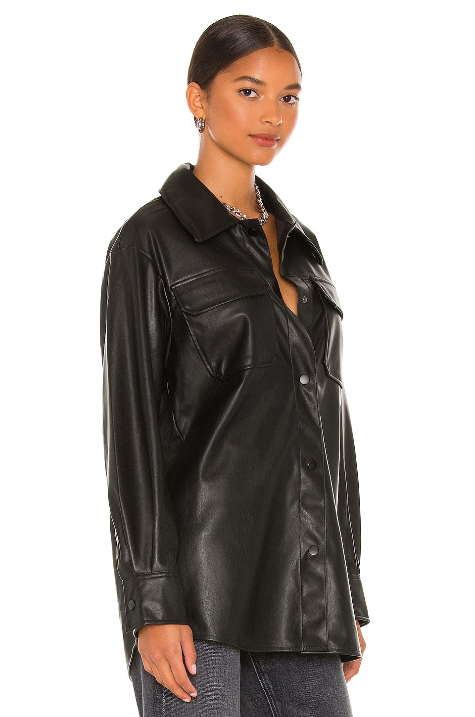 Women's Black Long & Oversize Simple Leather Jacket