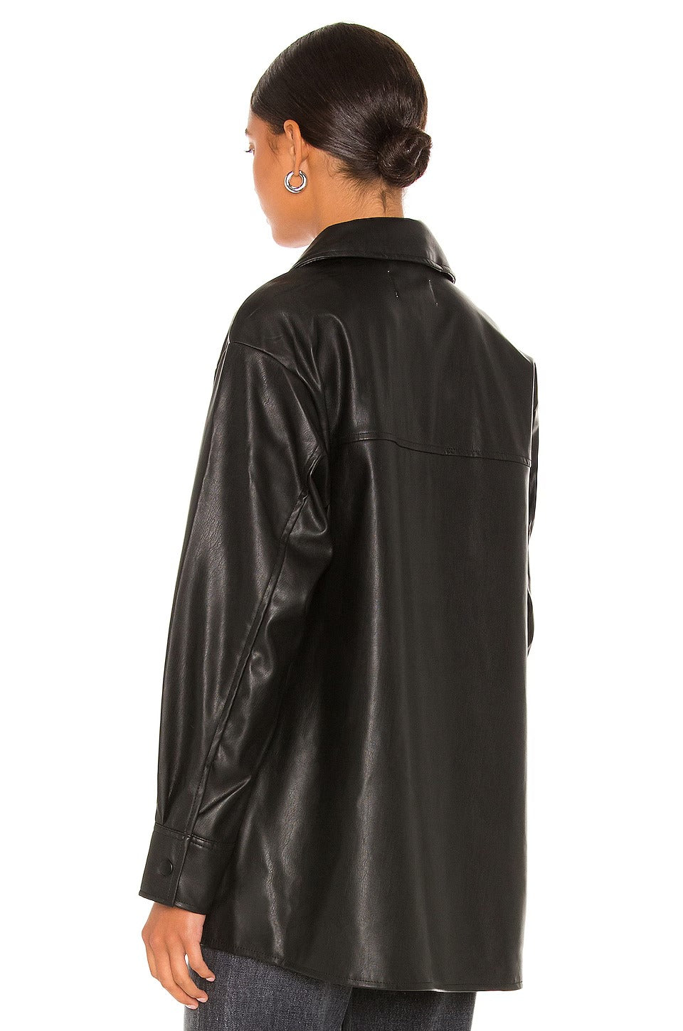 Women's Black Long & Oversize Simple Leather Jacket